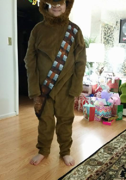 Remember the scene in "A Christmas Story," where Ralphie was in the rabbit costume....Well....here is Jarred, Christmas 2017, as Chubacca!