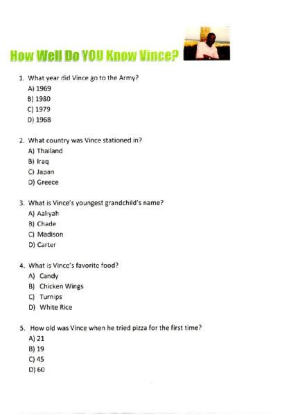 Trivia about Vince! Trivia about Vince!