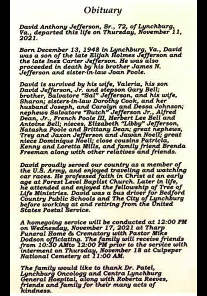 David Anthony Jefferson-obituary David Anthony Jefferson-obituary