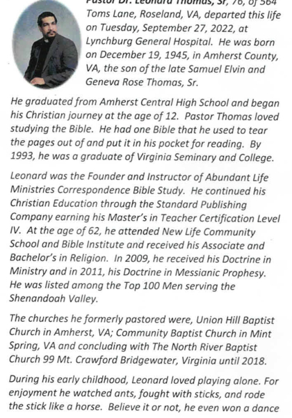 Pastor Dr. Leonard Thomas Sr.-obituary part I.