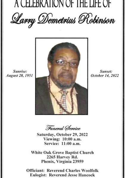 Larry Demetrius Robinson YNHS-'69