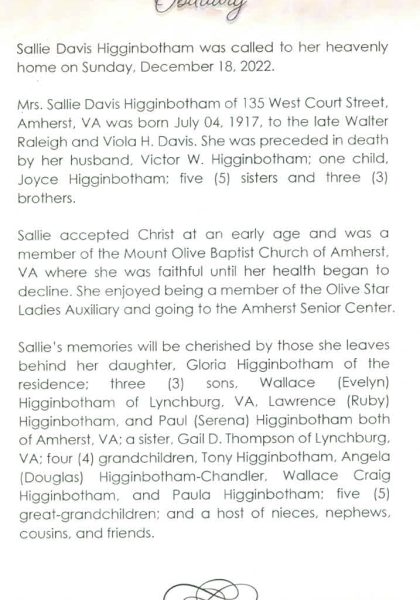 Sallie Davis Higginbotham-obituary