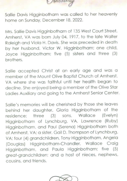 Sallie Davis Higginbotham-obituary