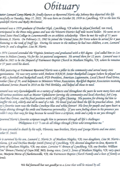 Pastor Leonard Leroy Harris Sr.-obituary