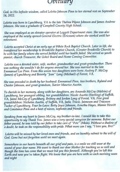Loletta Clemenza Johnson Pinn-obituary
