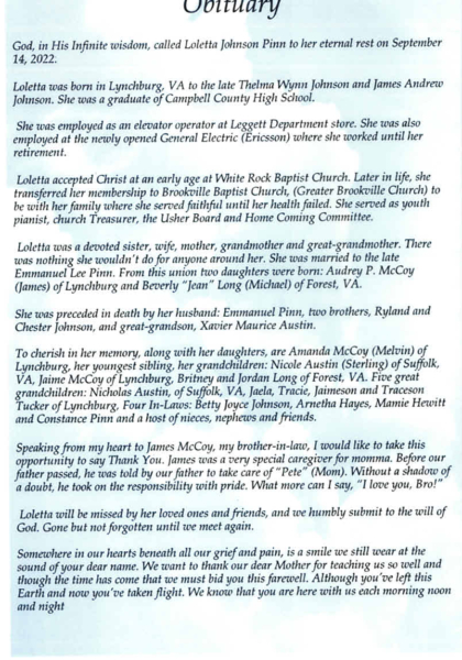 Loletta Clemenza Johnson Pinn-obituary