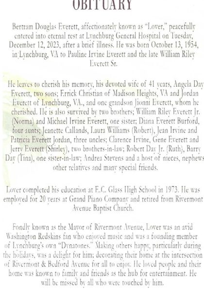 Bertram Douglas "Lover" Everett-obituary