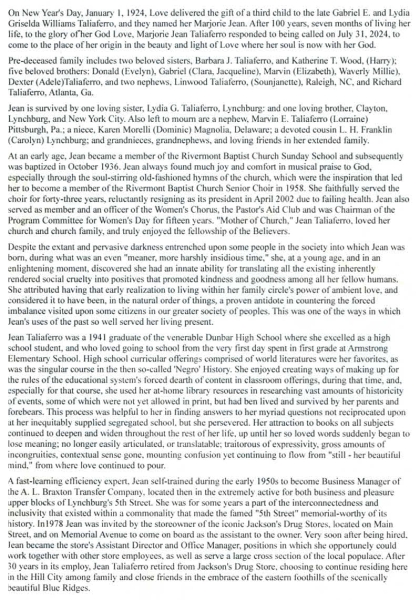 Marjorie Jean Taliaferro-obituary