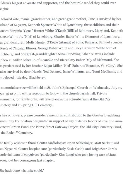 Jane Baber White-obituary pt. III.