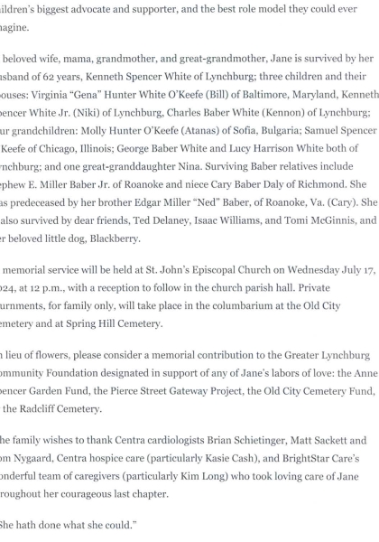 Jane Baber White-obituary pt. III.