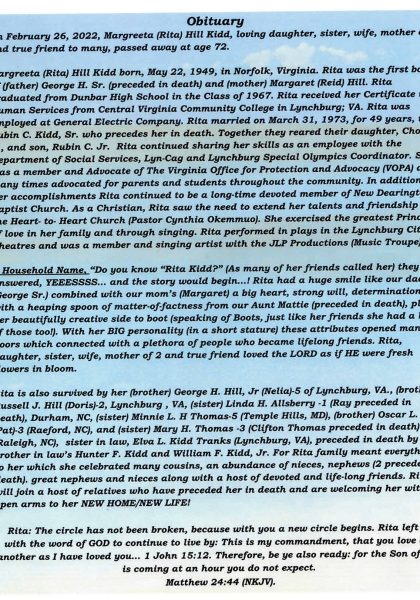 Margreeta (Rita) Hill Kidd-obituary Margreeta (Rita) Hill Kidd-obituary