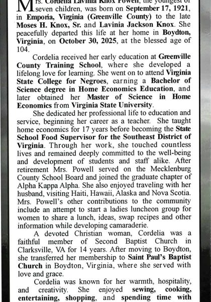 Cordelia Lavinia Knox Powell-obituary